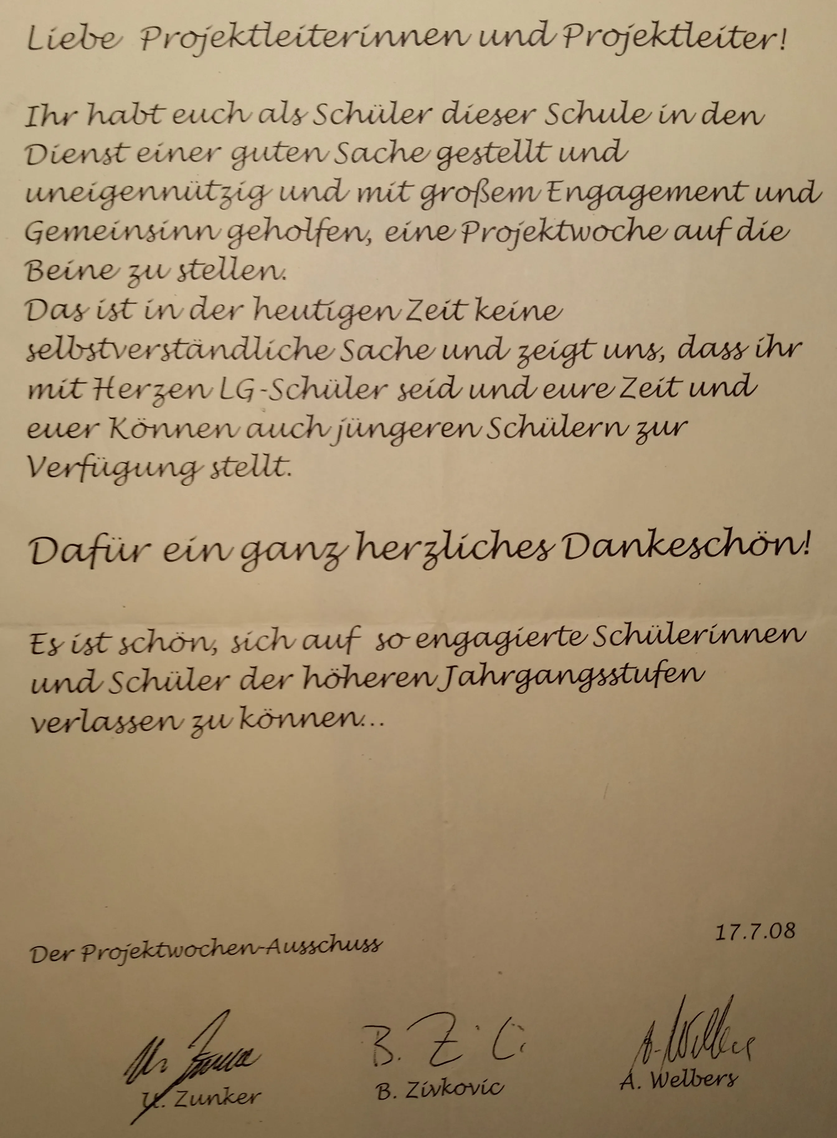 Thank you note from school officials for organising and teaching a programming workshop over a week.