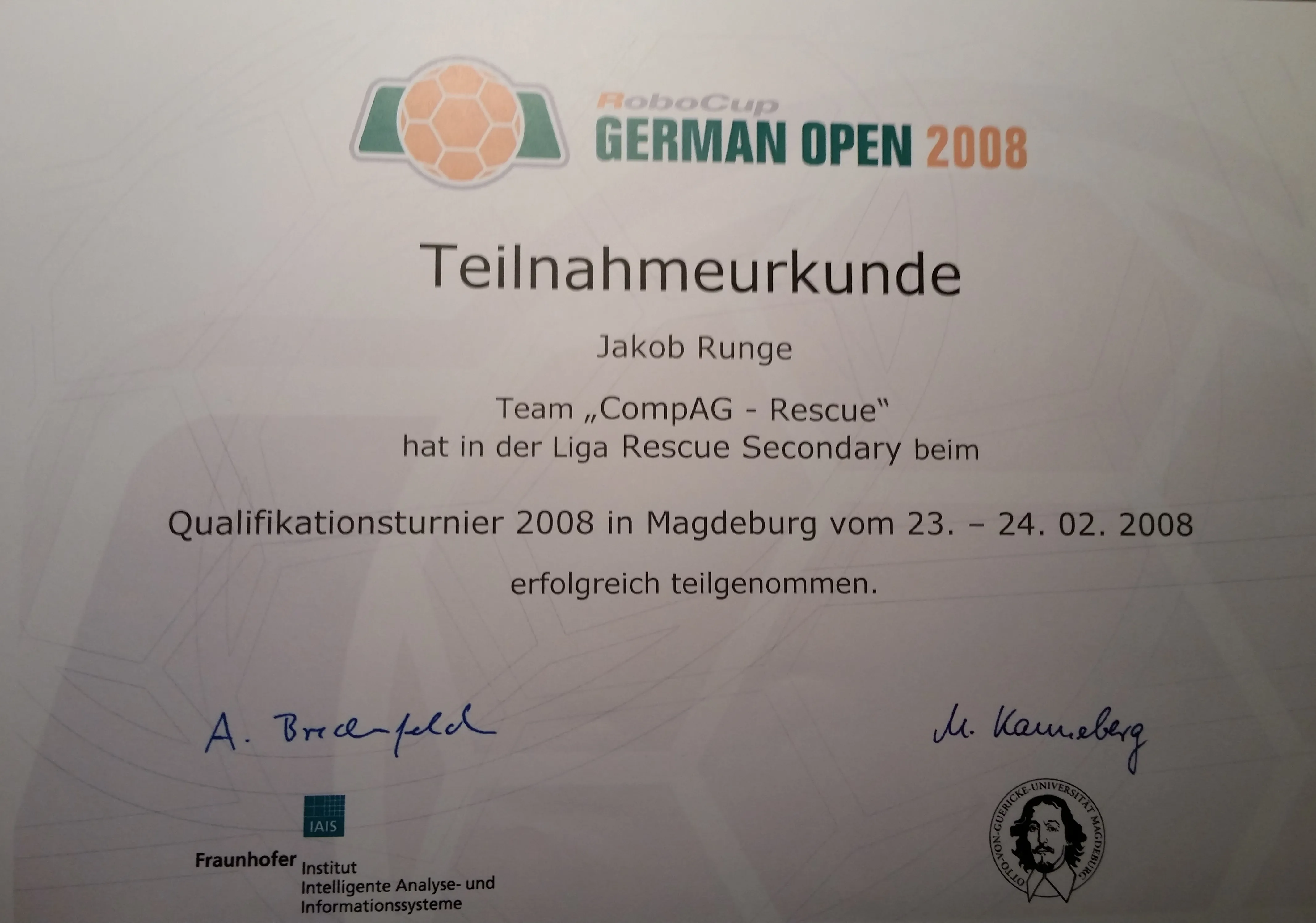 RoboCup German Open 2008: certificate of participation