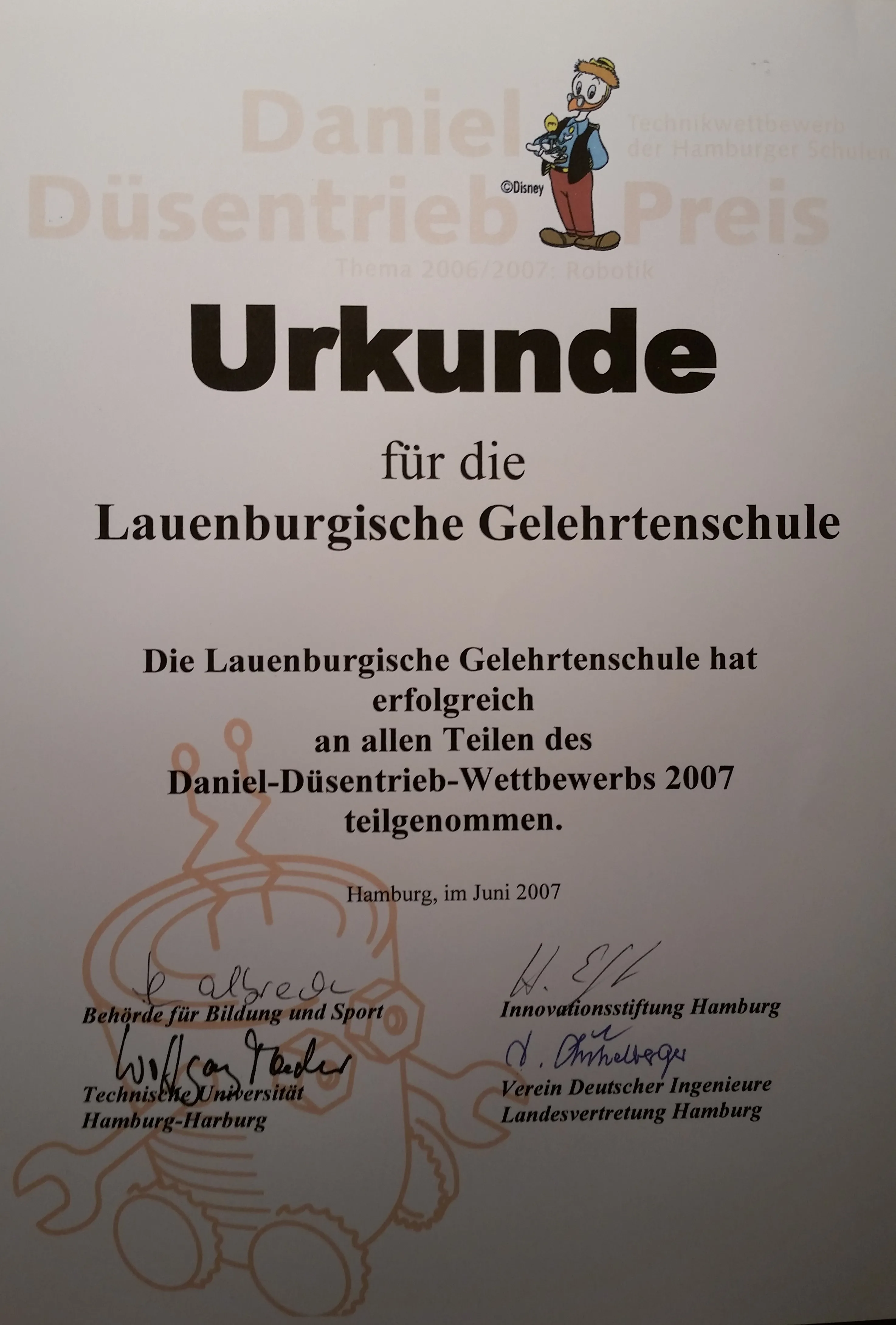 Daniel-Düsentrieb Wettbewerb 2007: certificate of participation
