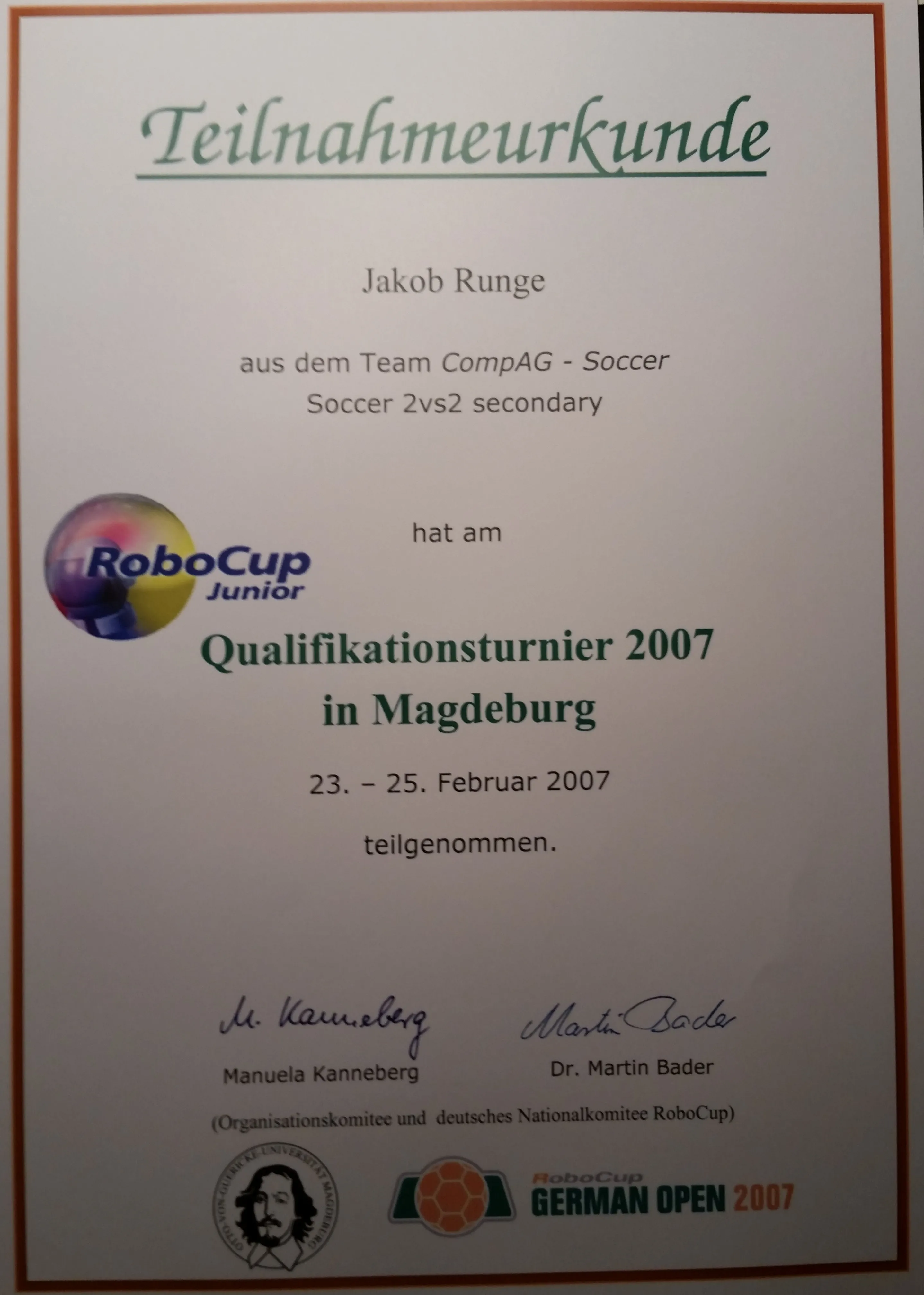 RoboCup Junior 2007: certificate of participation