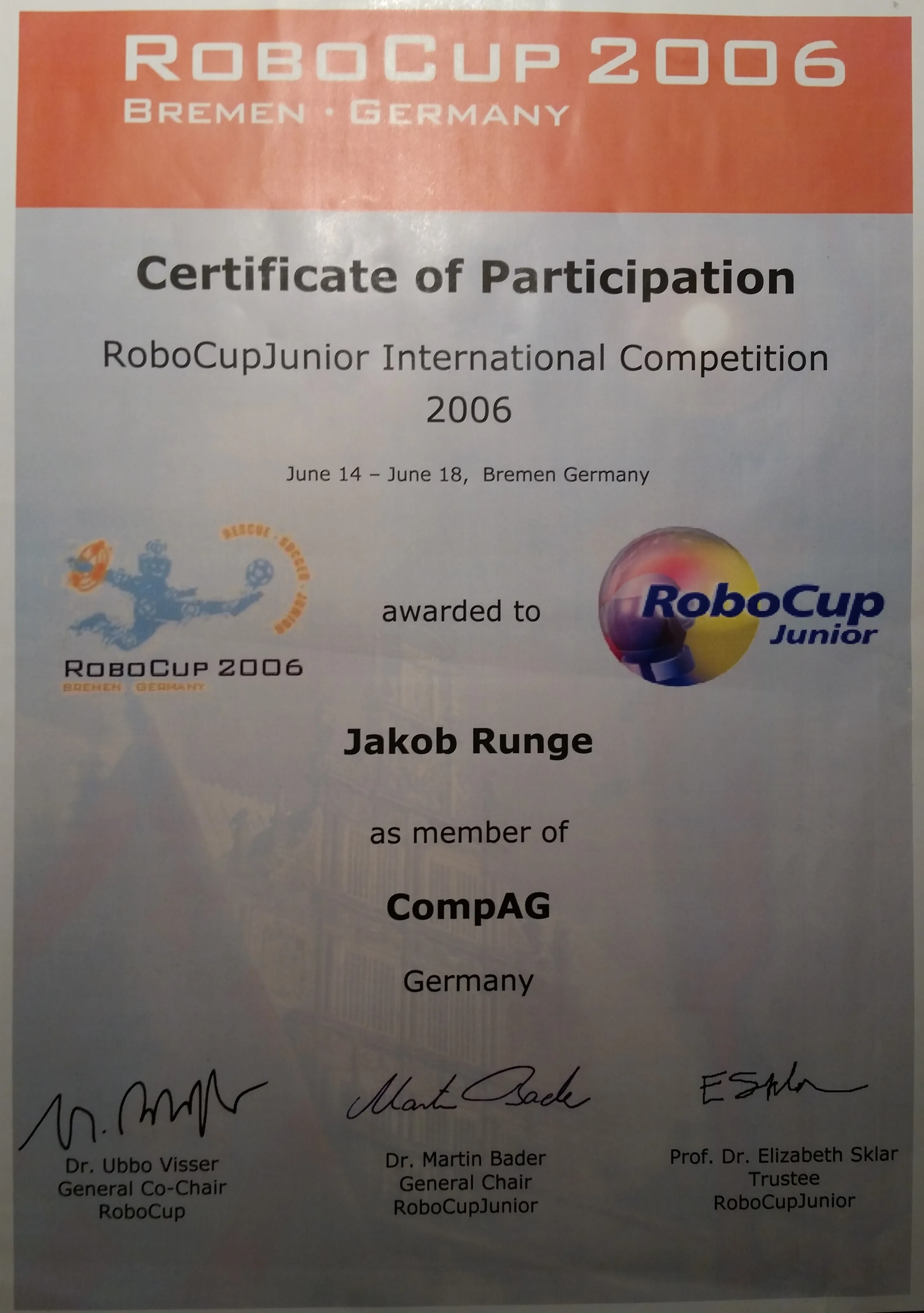 RoboCup Junior International Competition 2006: certificate of participation