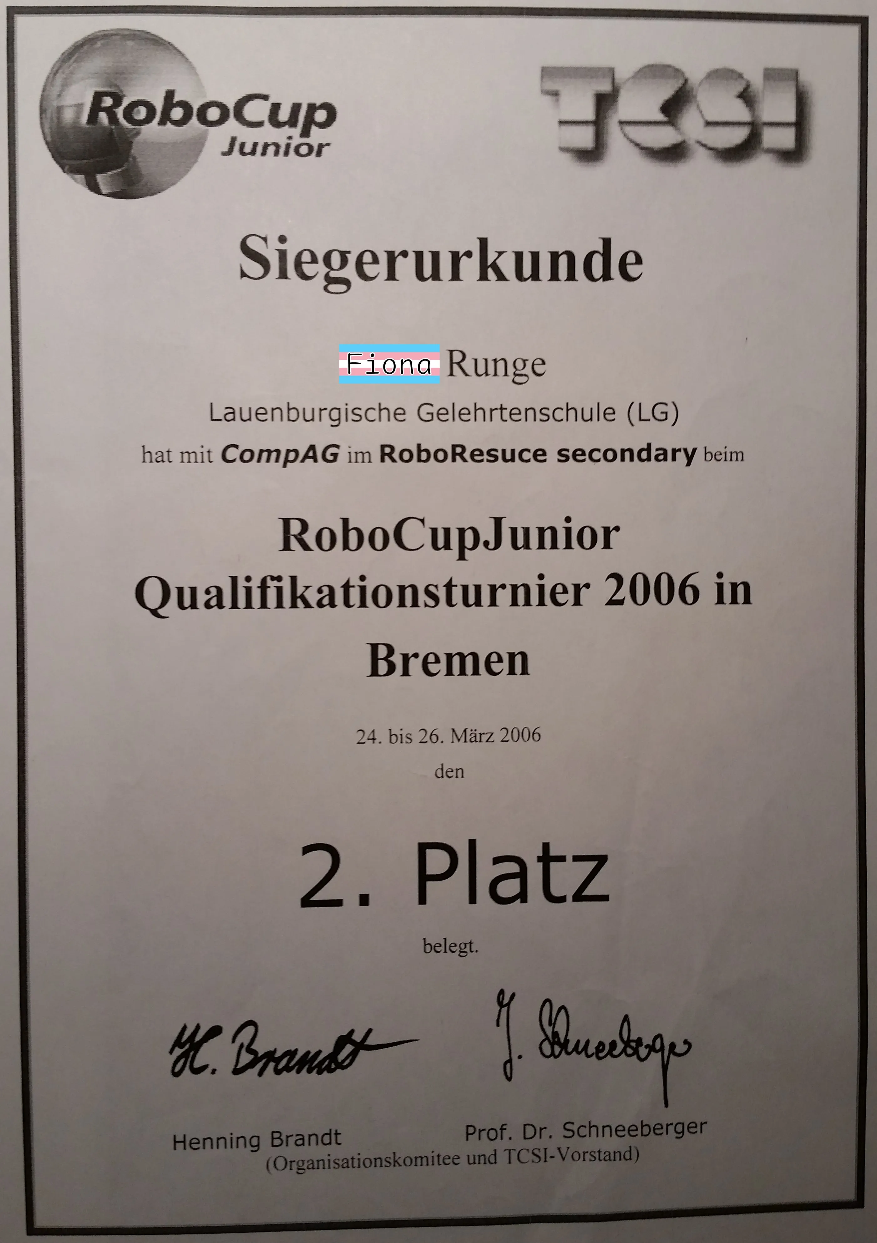 RoboCupJunior 2006: certificate of qualification