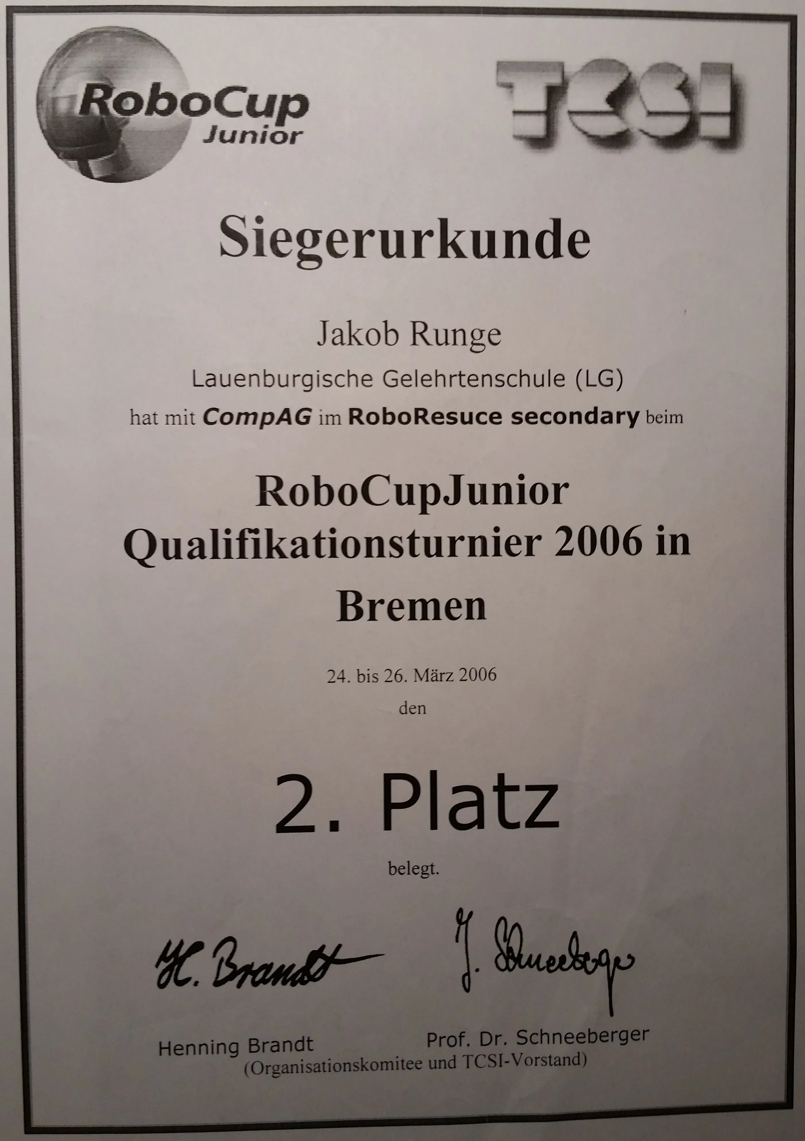 RoboCupJunior 2006: certificate of qualification