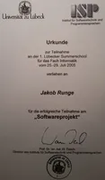 Certificate of participation at the University of Lübeck Summerschool 2005.