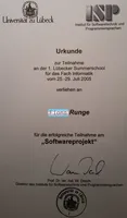 Certificate of participation at the University of Lübeck Summerschool 2005.