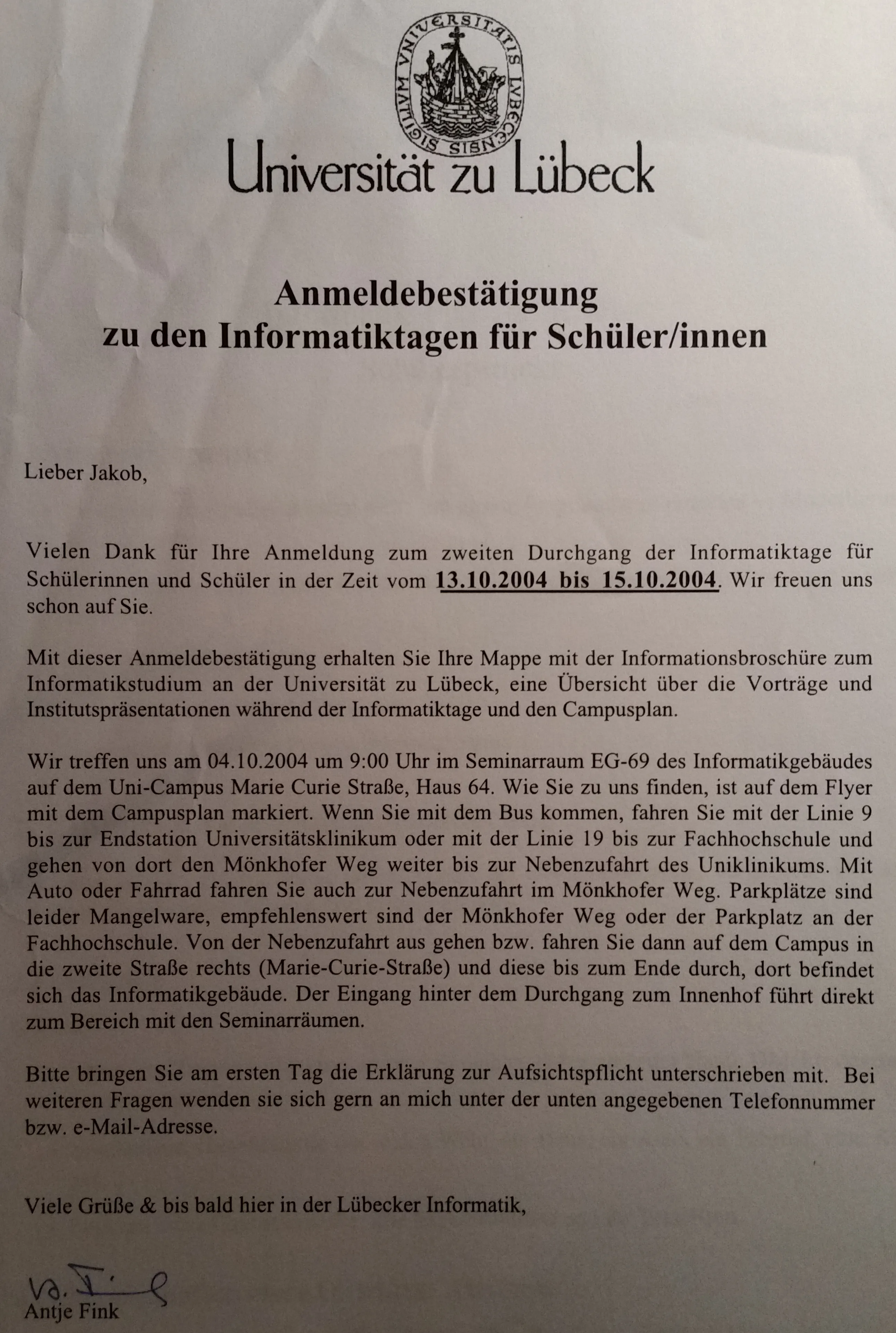 Registration confirmation for computer science days at the University of Lübeck 2004.