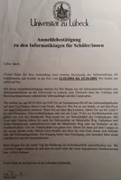 Registration confirmation for computer science days at the University of Lübeck 2004.