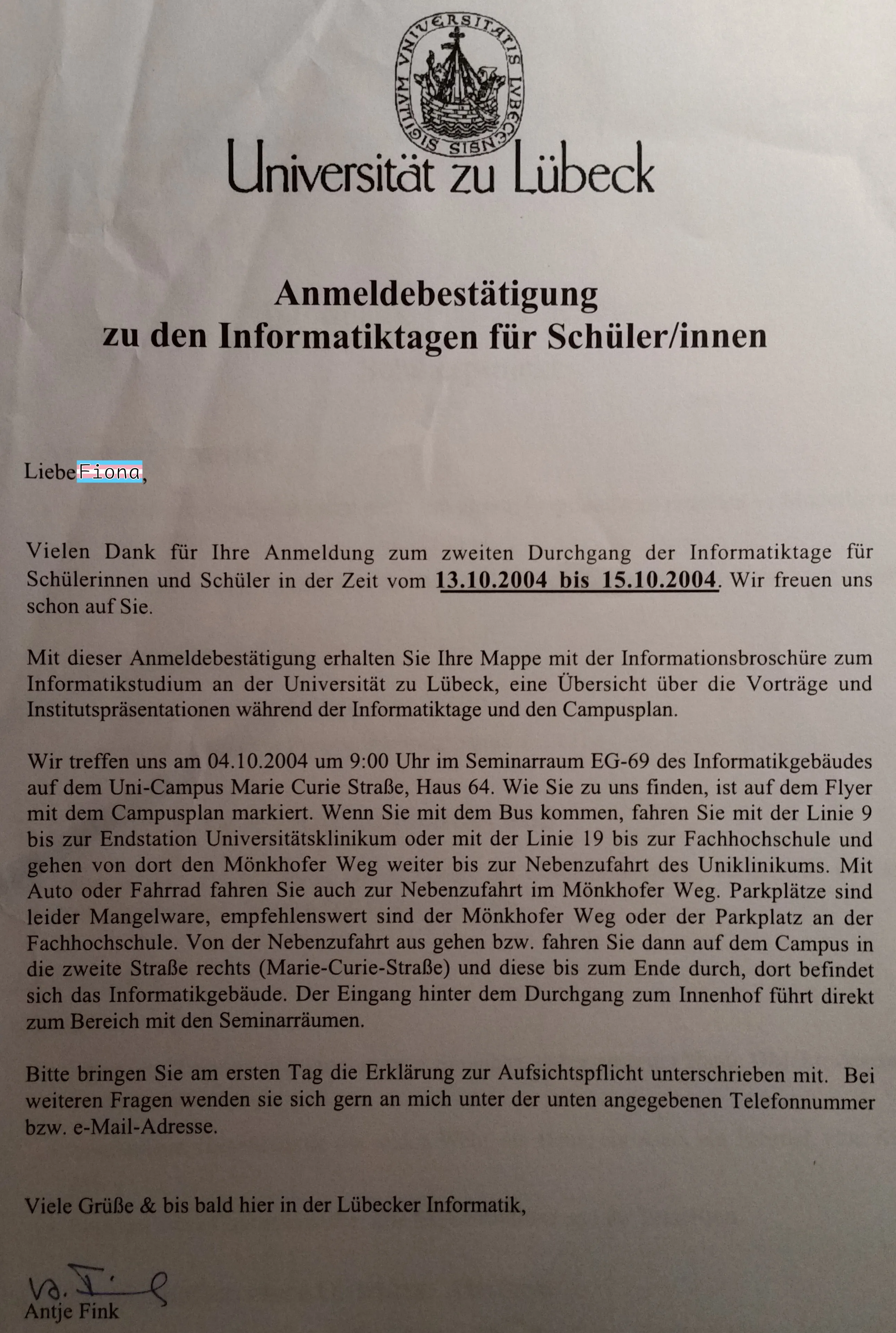 Registration confirmation for computer science days at the University of Lübeck 2004.