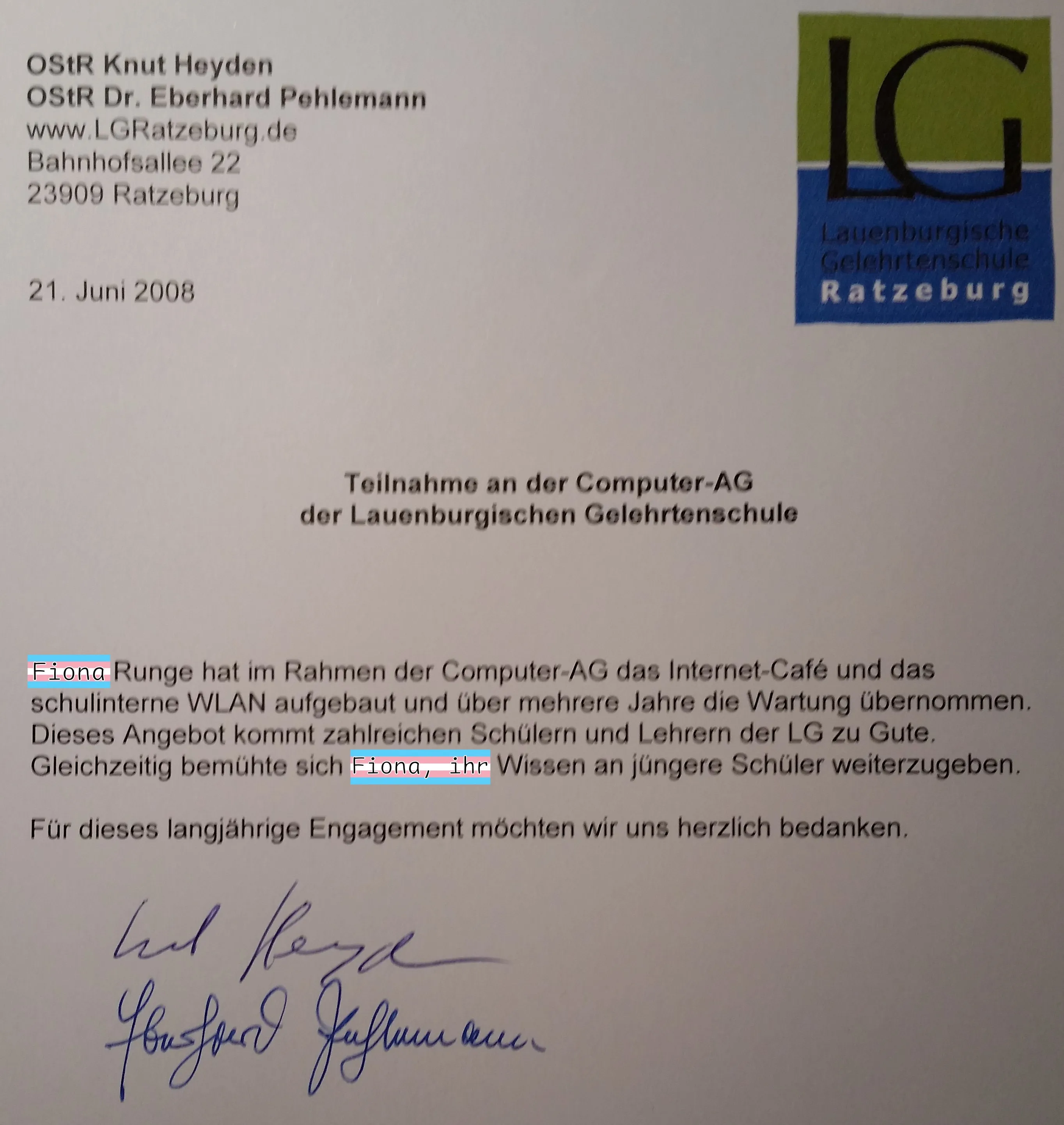 Teilnahme an der Computer-AG der Lauenburgischen Gelehrtenschule