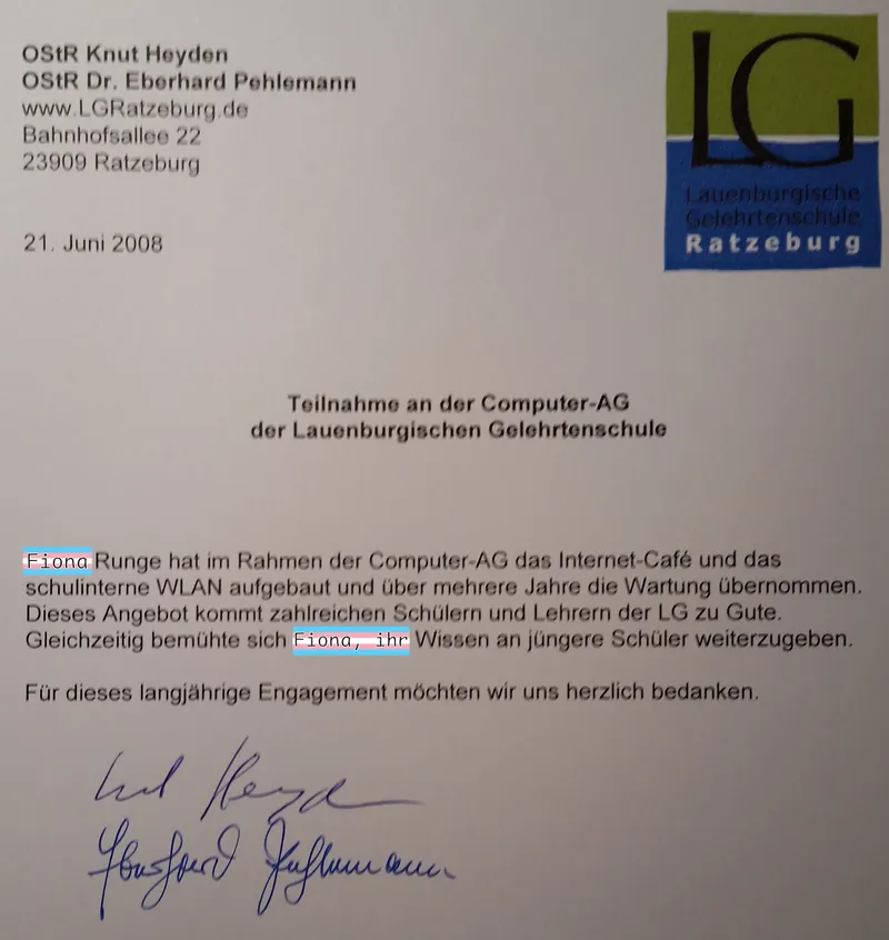 Teilnahme an der Computer-AG der Lauenburgischen Gelehrtenschule