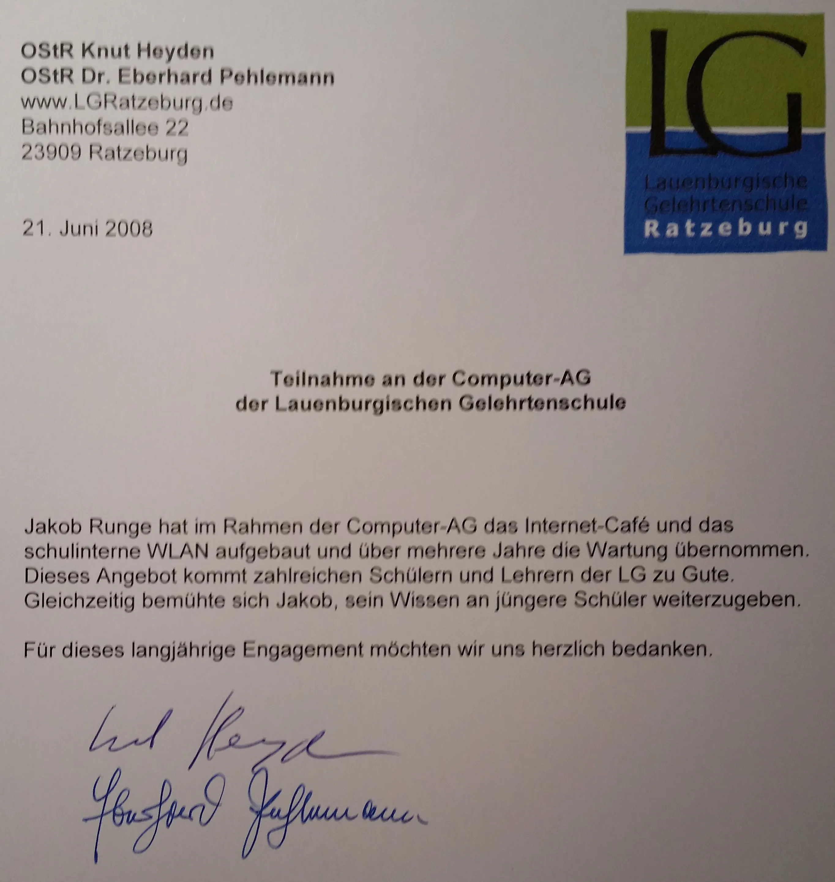 Teilnahme an der Computer-AG der Lauenburgischen Gelehrtenschule