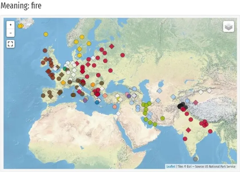 A screenshot of markers on a map for the meaning 'fire'