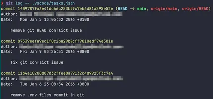 The output of 'git log -- .vscode/tasks.json'.
We can see 3 commits with somewhat odd messages.
