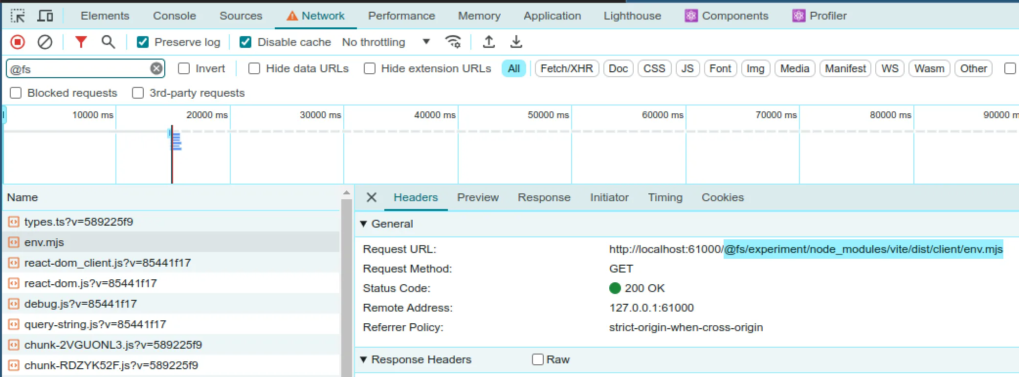 Screenshot of the network tab in the chrome dev tools