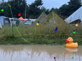A closeup of a rubber duck in a big puddle.
Using this frog-like perspective the duck appears quite big against the tents in the background.