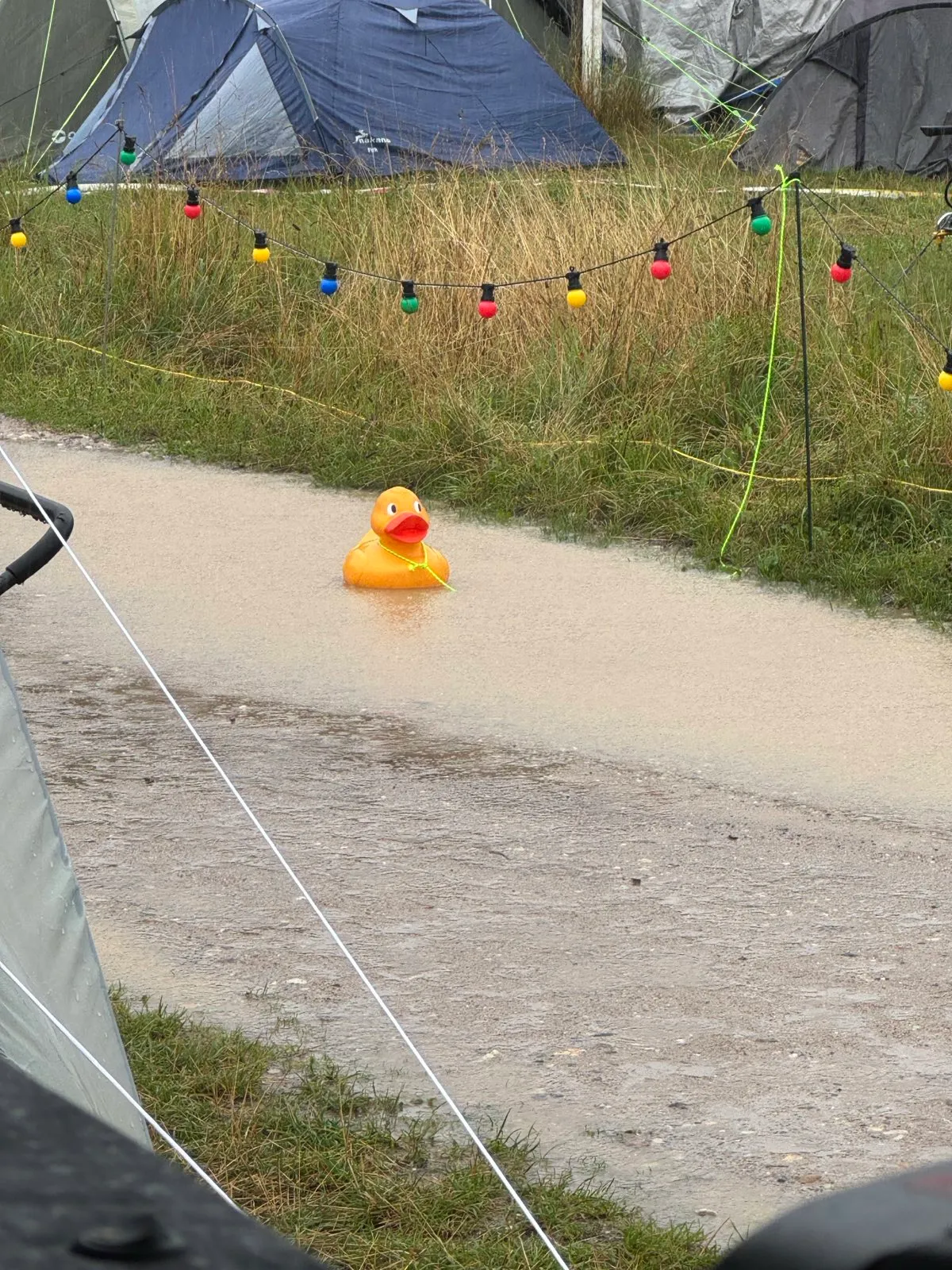 A rubber duck floats in an increasingly large puddle on a dirt road.
We can see some tents on the roadsides.
The continued rain makes it appear as if the puddle was overflowing.