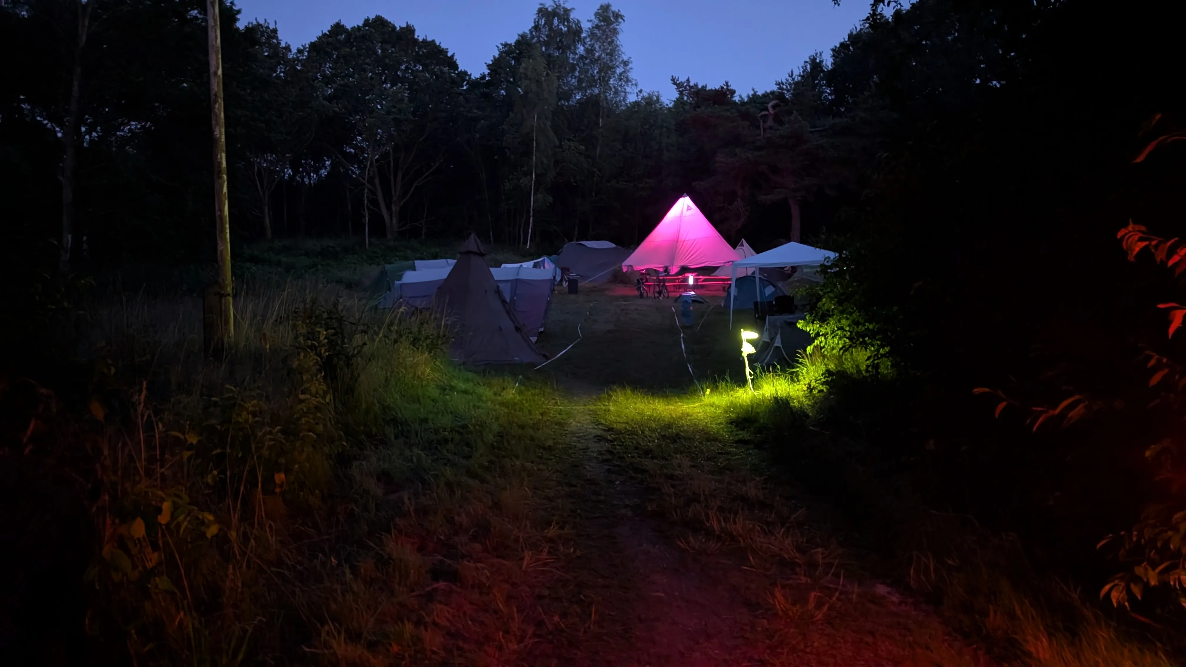 The cozy tent area photographed at 4 in the morning
Several tents are scattered around an illuminated tent in the middle.
There's a lamp lighting the way to the campsite
and in the back we can see several trees against a sky
that is starting to fade into light blue.