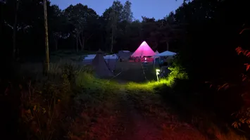 The cozy tent area photographed at 4 in the morning
Several tents are scattered around an illuminated tent in the middle.
There's a lamp lighting the way to the campsite
and in the back we can see several trees against a sky
that is starting to fade into light blue.