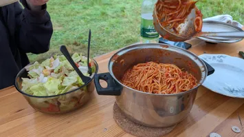 A bowl of salad and a pot full of spaghetti in tomato sauce on a table.